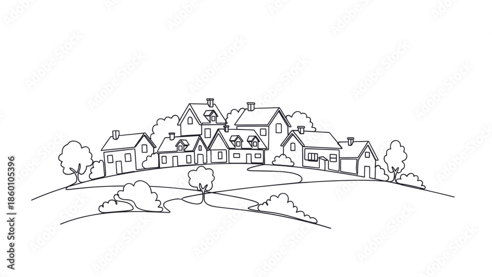 Fototapeta premium Simple black and white line drawing of a village scene.