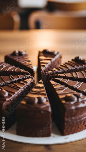 Top View of Sliced Chocolate Round Cake with Decorative Glaze Drizzle on Wooden Surface