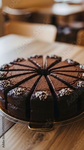 Symmetrical Slices of Dark Chocolate Cocoa Cake with Powdered Dusting on Bakery Display Stand