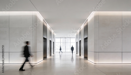 a long hallway with several elevator doors and blurred figures walking towards the end of the corridor high quality professional detailed