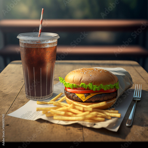 Fast food and drink on the table.  Generative AI	