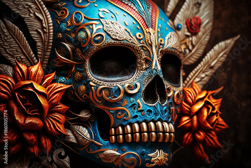Bright skeleton mask in mexican style. Day of the Dead (Dia de los Muertes) holiday.. Generative AI	