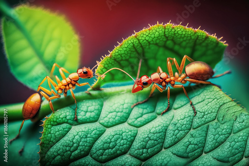 Red ants are marching in formation on a green leaf. Macro. Generative AI	