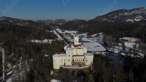 Aerial Golden Hour Winter Video of Trakošćan Castle, Snowy Castle at Sunset in Croatia