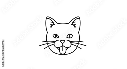 Minimalist line drawing of playful cat head with tongue sticking out showing cute and funny expression for pet related branding.