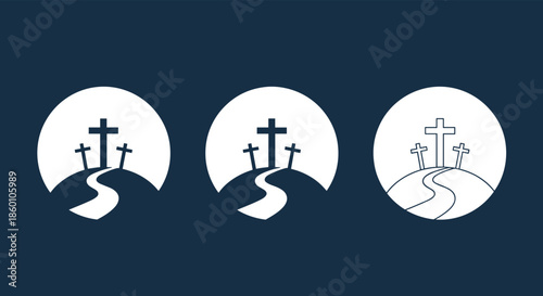 Set of three religious icons showing silhouettes of crosses on hill under sun or moon represents faith and spiritual hope concepts.