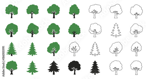 Large grid of tree icons in green black and outline styles features various species of deciduous and evergreen trees for design.