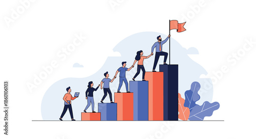 Corporate team working together to climb up a bar graph steps to reach the top with a flag symbolizing leadership and mutual achievement.