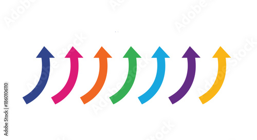 Set of seven colorful curved arrows pointing upwards representing growth, progress, and positive trends in a vibrant vector design.