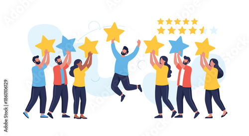 Group of happy people jumping and cheering while holding up large yellow and blue stars represents positive customer reviews and high satisfaction.