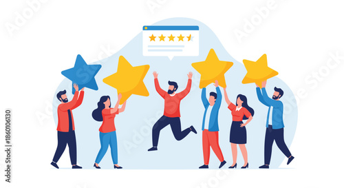 Team of diverse people celebrating by holding up large stars beneath five star rating display symbolizes excellent service feedback.