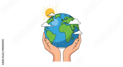 Two hands cradling planet earth with sun and clouds in background symbolizes global environmental protection and conservation care.