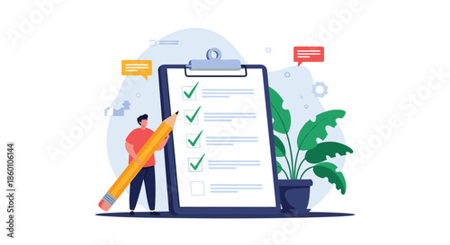 Person standing next to a giant clipboard holding a large pencil and checking off items on a list for organization and task planning.