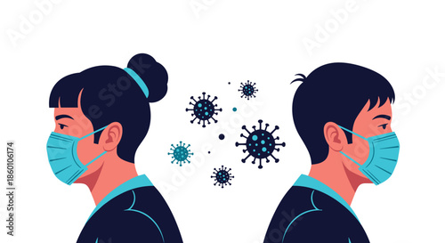 Back to back portraits of man and woman wearing face masks with virus particles in air symbolizes social distancing during pandemic.