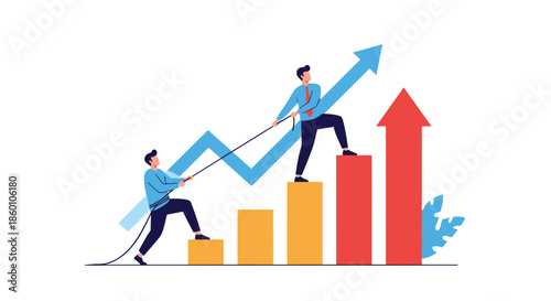 Two men working together to pull large blue arrow upwards along rising bar chart symbolizes teamwork and shared business goals.