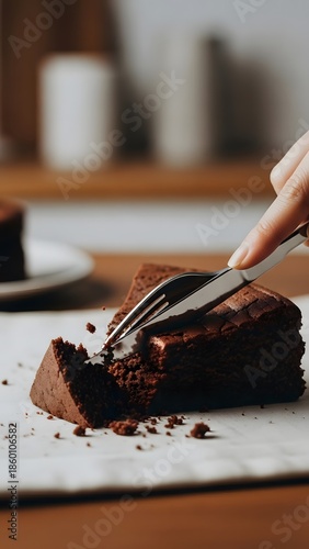 Hand Cutting a Dense Dark Chocolate Brownie Cake with Knife and Fork on White Surface