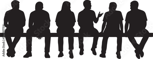 Group of Friends Sitting on a Bench and Talking Silhouettes Vector Graphic