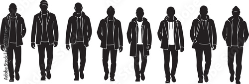 Group of Men Walking Forward in Casual Autumn Clothes Silhouette Vector Illustration