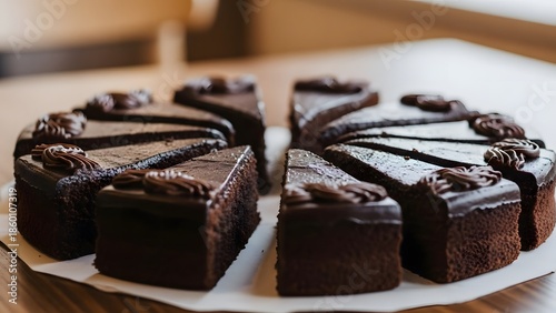 Whole Chocolate Fudge Cake Sliced into Portions with Creamy Frosting and Decorative Swirls