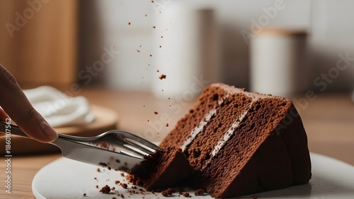 Slicing a Moist Dark Chocolate Layer Cake with Metal Cake Server and Falling Crumbs