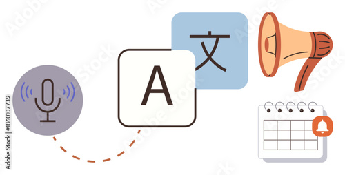 Microphone, text translation blocks in different languages, megaphone, and calendar icon. Ideal for technology, communication, translation, scheduling, language learning automation