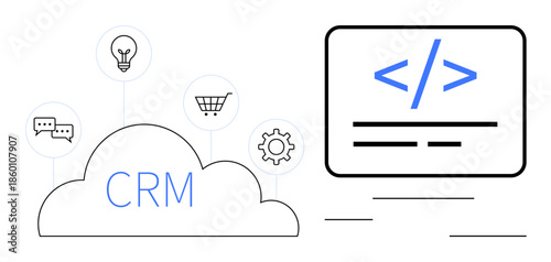 Business management, cloud storage, coding, CRM systems, ecommerce solutions, digital operations. Cloud labeled CRM and coding symbol with business icons. Business management and cloud storage