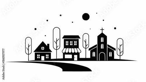 Minimalist Village Scene with Church and Houses.