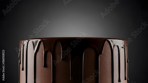 Close Up Dark Chocolate Ganache Drip on Cocoa Layer Cake Surface Over Dark Background for Professional Bakery Advertising