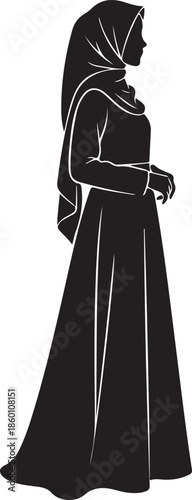Elegant Silhouette of a Muslim Woman Wearing Hijab and Abaya Long Dress