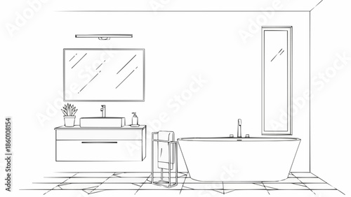 Modern Bathroom Design Sketch with Bathtub and Vanity.