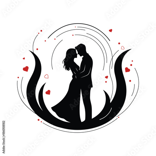 Romantic Couple Silhouette Embracing with Red Hearts - Wedding and Valentine's Day Concept