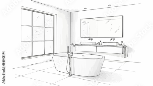 Modern Bathroom Design Sketch with Freestanding Bathtub and Double Vanity.