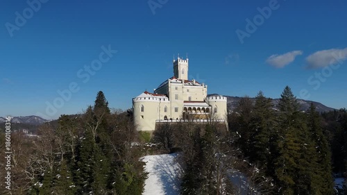 Aerial Golden Hour Winter Video of Trakošćan Castle, Snowy Castle at Sunset in Croatia