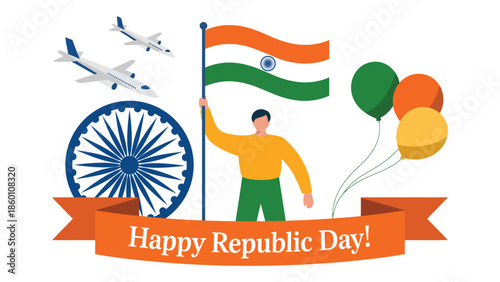 Happy republic day illustration with indian flag, ashoka chakra, balloons and patriotic man celebrating 26 january national holiday