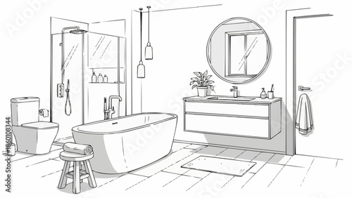Modern Bathroom Interior Design Sketch with Bathtub and Shower.