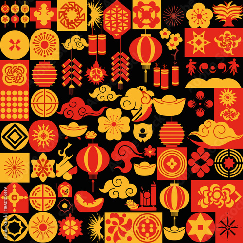 Lunar new year of vibrant seamless pattern with diverse Chinese New Year symbols including lanterns, firecrackers, gold ingots, and zodiac animals on black.