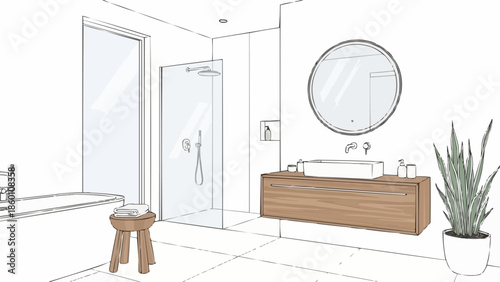 Modern Bathroom Interior Design Sketch with Bathtub and Shower.