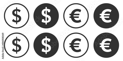 Dollar and Euro Currency Icon displaying clean money symbols, minimalist financial graphics, clear currency signs for digital banking, finance dashboards, and presentation visuals.