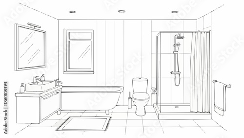 Modern Bathroom Interior Design Sketch with Bathtub and Shower.
