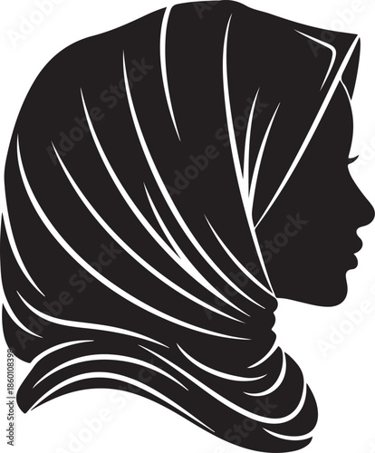 Elegant silhouette of a Muslim woman wearing a hijab, minimalist vector profile of a modest lady