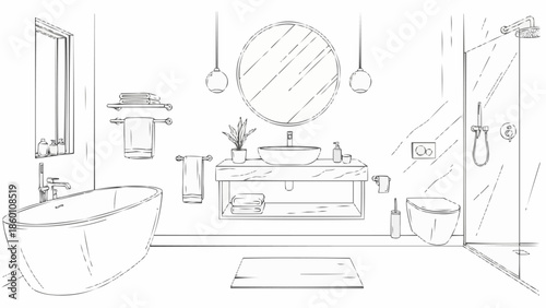Modern Bathroom Interior Design Sketch with Bathtub and Vanity.