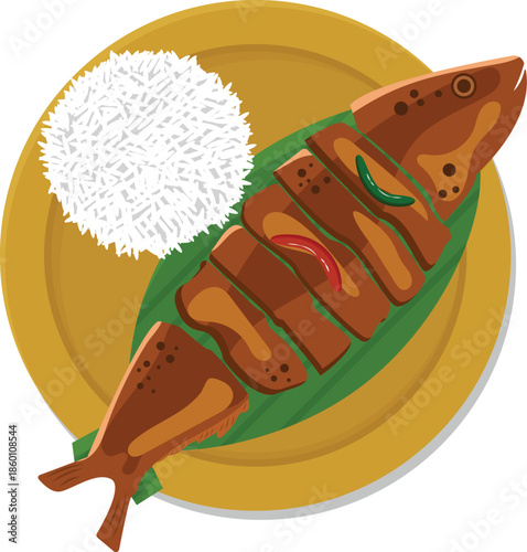 Delicious Indonesian Ikan Bakar served with fluffy white rice and garnish on a plate