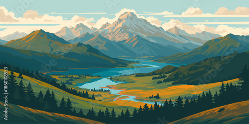 Panoramic mountain landscape with a peaceful lake, alpine peaks, green forests, and clouds under an open sky