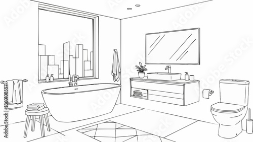 Modern Bathroom Interior Design Sketch with City View.