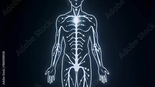 Human body energy flow through meridians on dark background