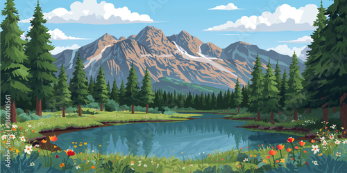 Scenic summer landscape of a green alpine lake in the Alps featuring a snowy mountain reflection in the water with a lush forest under a cloudy sky