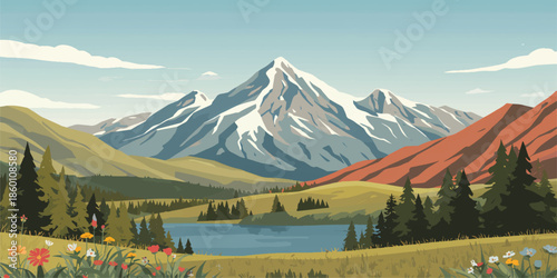 Scenic summer landscape of a snow-capped mountain peak reflecting in a calm blue lake within a lush green forest of the Colorado Alps under a cloudy sky