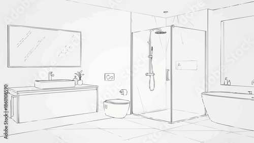 Modern Bathroom Interior Design Sketch with Shower and Bathtub.