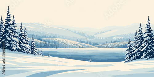 A serene winter forest landscape features frost-covered fir trees under a bright blue sky with snowy mountains and frozen ice glistening in the cold morning sun