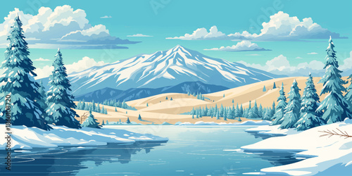 A breathtaking panorama of the snowy Alps peaks under a blue sky creates a cold winter mountain landscape with frost-covered trees, a frozen lake, and a white glacier forest in this nature view